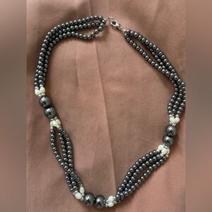 Multi-Strand Hematite Bead Necklace with Freshwater Pearl Accents